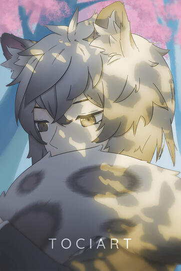 white hair with ash streaks and animal ears grey eye young boy Enciodes Silverash from Arknights hugging and biting his snow leopard tail basking in sunlight