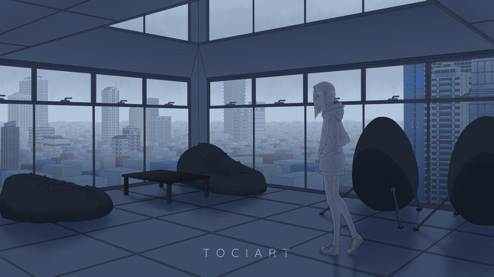 pasty white short hair girl original character strolling around a university college study room with bean bags and egg chairs overlooking an urban city with tall buildings and skyscrapers in early morning fog at dawn