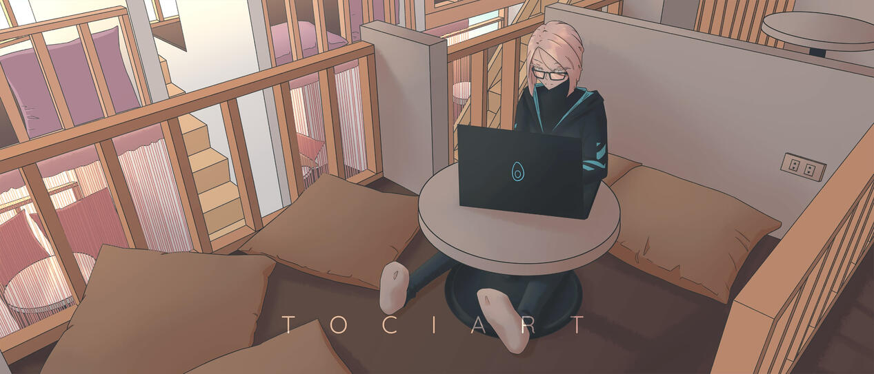 pink haired anime girl original character working on her laptop in a korean study cafe with many comfy pillows