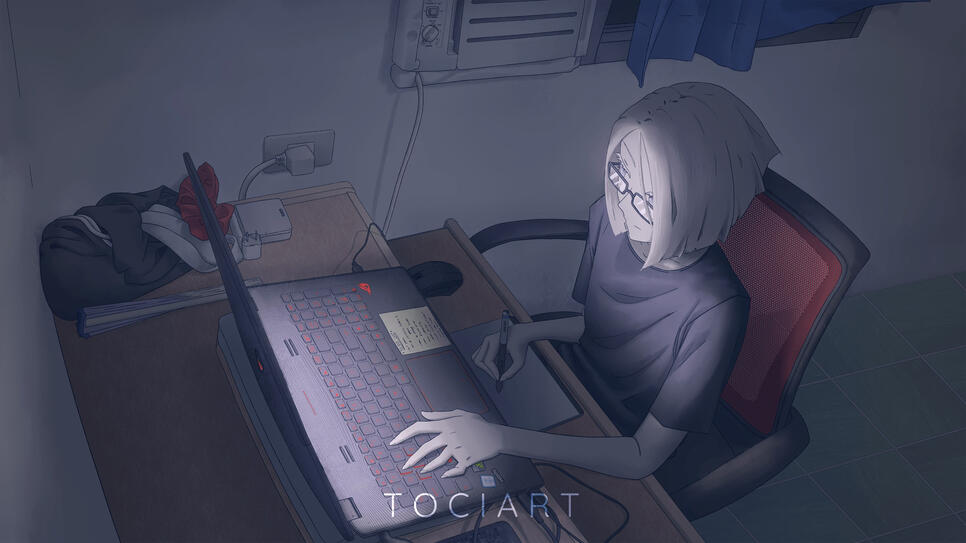 pink haired anime girl original character working on her laptop with a small Wacom drawing tablet on a computer desk in the corner of her room