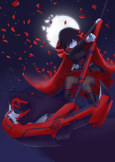 black hair with red streaks silver eyes anime girl Ruby Rose from RWBY red trailer swinging her scythe Crescent Rose against a Grimm werewolf with rose petals scattered all over a starry night with a broken full moon