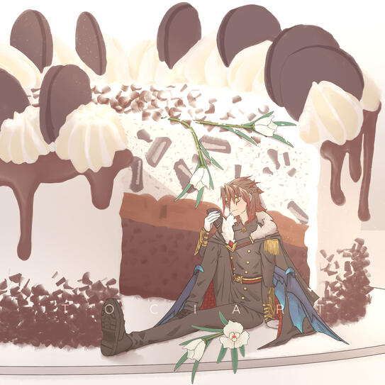 brown hair gold eyes male demon king virtual youtuber vtuber Maou Ganix with blue demon wings in military outfit eating an oreo ice cream sandwich while resting beside a cookies and cream cake among ghost flowers for valentine day