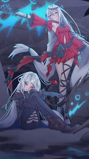 two white haired red eyes anime orca girls Skadi and Skalter from Arknights surrounded by seaborns at night