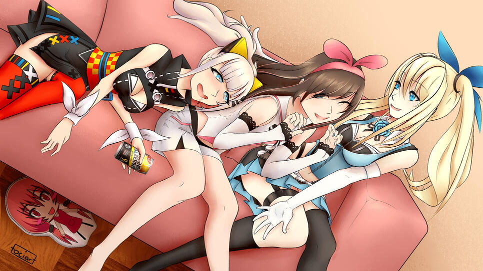three virtual youtuber vtuber anime girls Kizuna AI Kaguya Luna and Mirai Akari playing on a pink sofa with plushie Eilene underneath