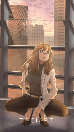 caramel brown hair blue eyes university office lady wearing white suit coat and black heels sitting smugly on the building concrete floor