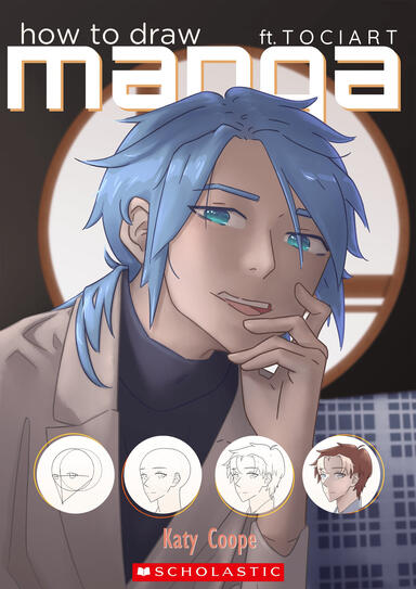 blue haired blue-green eyes boy from how to draw manga redraw aged up posing young man in the front cover of a mock-up magazine with step by step drawing