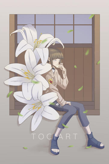 dark haired white eye Byakugan anime ninja kunoichi girl Hinata Hyuuga from Naruto eating a cinnamon roll while leaning against giant white lily sitting on wooden floorboards