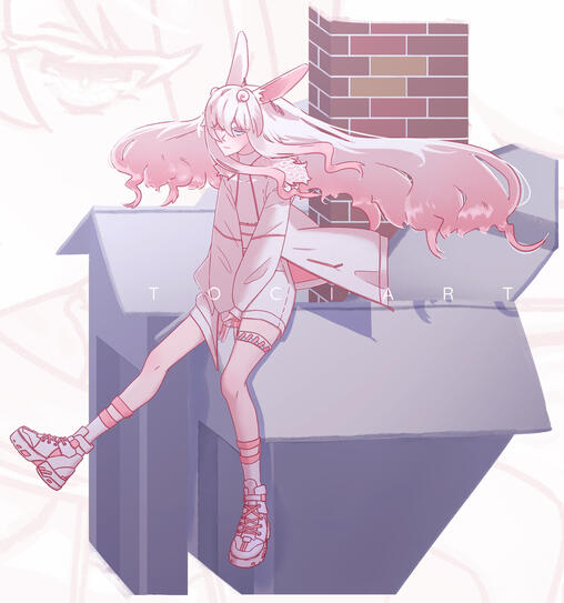 cotton candy pink hair blue eyes urban girl original character with bunny rabbit ears Misu sitting on rooftops