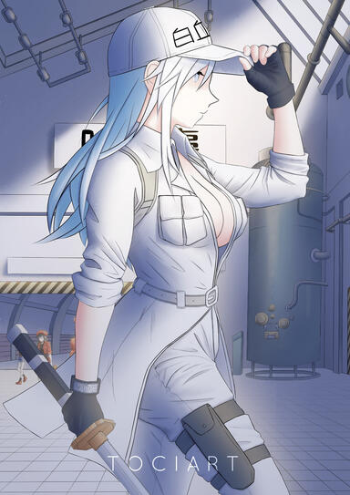 white hair genderbend girl neutrophil U-1196 from anime Cells at Work: Black in military outfit wielding a katana